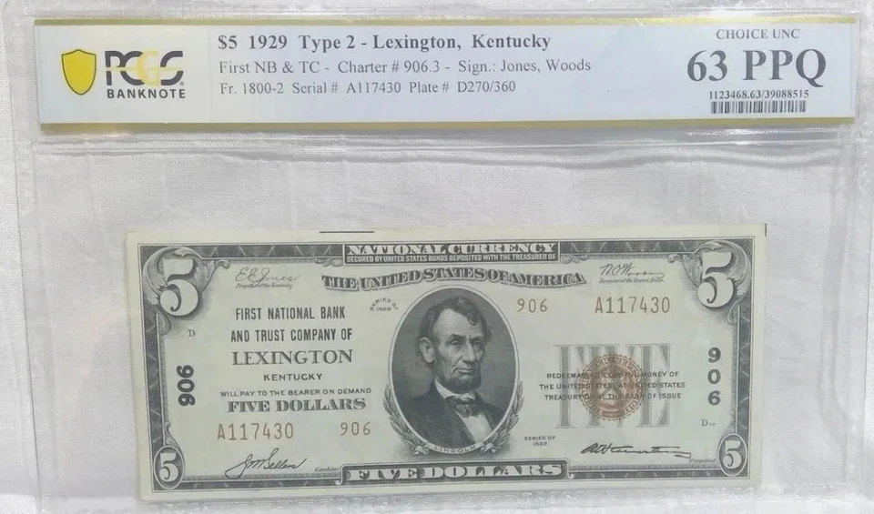 1929 $5 Lexington Kentucky Graded PCGS 63 - Image 1 of 3