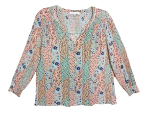 Rose + Olive Top Button Up Long Sleeve V Neck Blue Pink Floral Womens XL - Picture 1 of 12