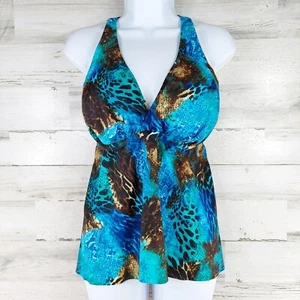 VENUS SWIMWEAR AQUA BLUE BROWN ANIMAL PRINT TANKINI TOP WOMEN'S SIZE 24 *EUC*... - Picture 1 of 24
