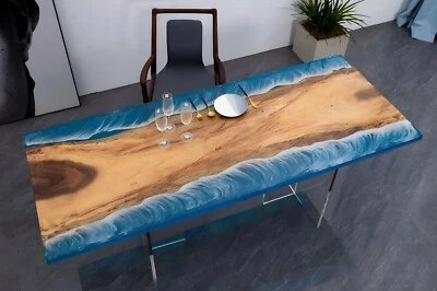 Blue Epoxy with Ocean River Table Handmade Furniture Acacia Wood Dine Room Table - Image 1 of 4