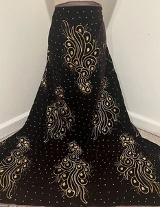 1.75 Yard Brown Gold Embroidery Rhinestones Velvet Fabric 45” Width - Picture 1 of 5