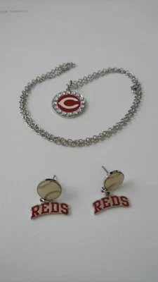 CINCINNATI REDS MLB EARRINGS & REDS LOGO CHARM NECKLACE "NEW & FACTORY SEALED " - Image 1 of 4