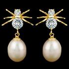 NATURAL 10X8MM FRESH WATER PEARL CZ SPIDER YELLOW GOLD IN SILVER 925 EARRING