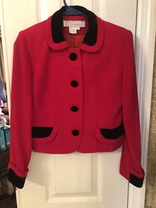 Women's Dressy Red Jacket, Black Velvet trim on Collar & Buttons 2P - Picture 1 of 7