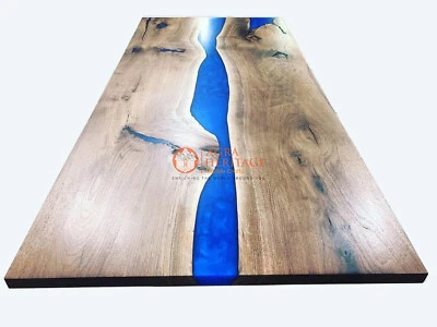 Epoxy Blue River Dining Table Top Live Edge Acacia Wood Office Meeting Furniture - Image 1 of 4