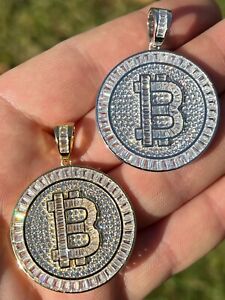 Solid 925 Silver 14K Gold Plated Bling Out BITCOIN Big Hip Hop Pendant Necklace