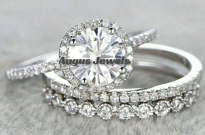 Juego de trío de anillo de compromiso redondo de moissanita de 2,48 quilates de oro blanco sólido de 14 quilates - Imagen 1 de 4