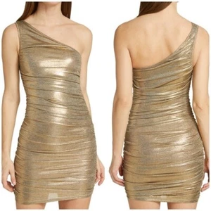 Nuevo Mini Vestido Alice + Olivia Cruz Acanalado Un Hombro Dorado Metálico Talla 8 - Imagen 1 de 15