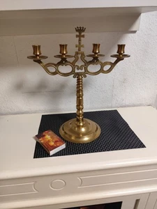 Massiv Messing Kerzenständer Kandelaber Kerzenhalter Danzig um 1920 Kreuz Krone - Bild 1 von 7