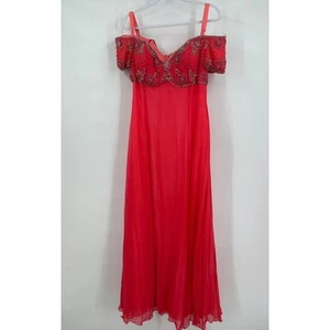 Vestido de noche Sterling by Stone Ferris para mujer con cuentas de seda talla 18 coral hombro descubierto - Imagen 1 de 9