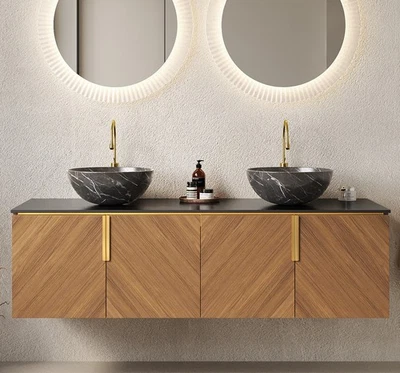 Tocador de baño montado en la pared de 60" con doble lavabo redondo, armario flotante, 4 puertas Foto 1 de 4