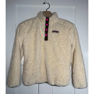 Vineyard Vines Teddy Fleece Snap Pullover Girls size L (14) Off White Pink Green - Image 1 of 4