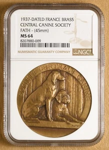 Sociedad Canina Central 1937 - Francia medalla de latón por Fath NGC MS64 - Imagen 1 de 4