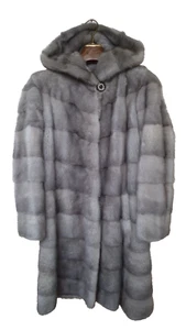 Sapphire Silver Mink Fur Coat Size S Hood Horizontal Pelts Mid-Calf Luxury Greek - Picture 1 of 12