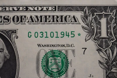 ONE DOLLAR FANCY BIRTHDAY/ANNIVERSARY STAR NOTE MARCH 10, 1945  SN G 03101945 * - Image 1 of 3