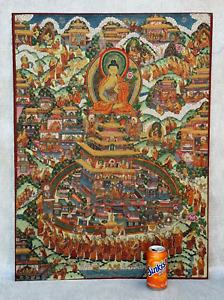 OLD ORIGINAL BUDDHA THANGKA PAINTING BUDDHIST BUDDHISM ASIAN ART VILLAGE LIFE