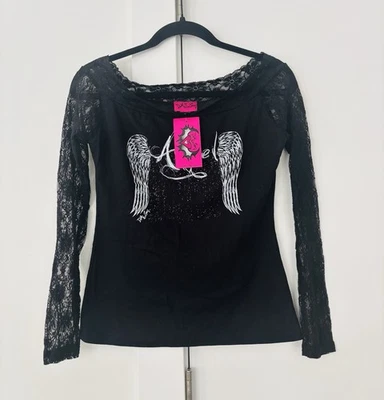 Novo com etiquetas Demi Loon detalhe de renda preta Y2K Angel LS tamanho superior médio - Imagem 1 de 4