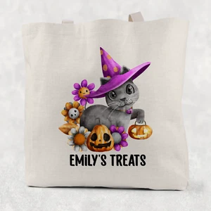 Black Cat Treats Gift Bag, Tote Bag re-usable cotton bag, Halloween Treat Bag - Picture 1 of 1
