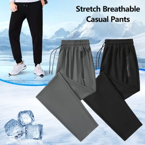 Mens Ice Silk Waist Stretch Pants Lightweight Fast-Drying Casual Joggers Trouser - Picture 1 of 17