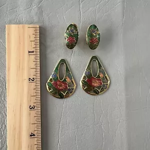 Pendientes Cloisonne Vintage 2 en 1 Convertibles Verde Rosa Melocotón Flores - Imagen 1 de 6