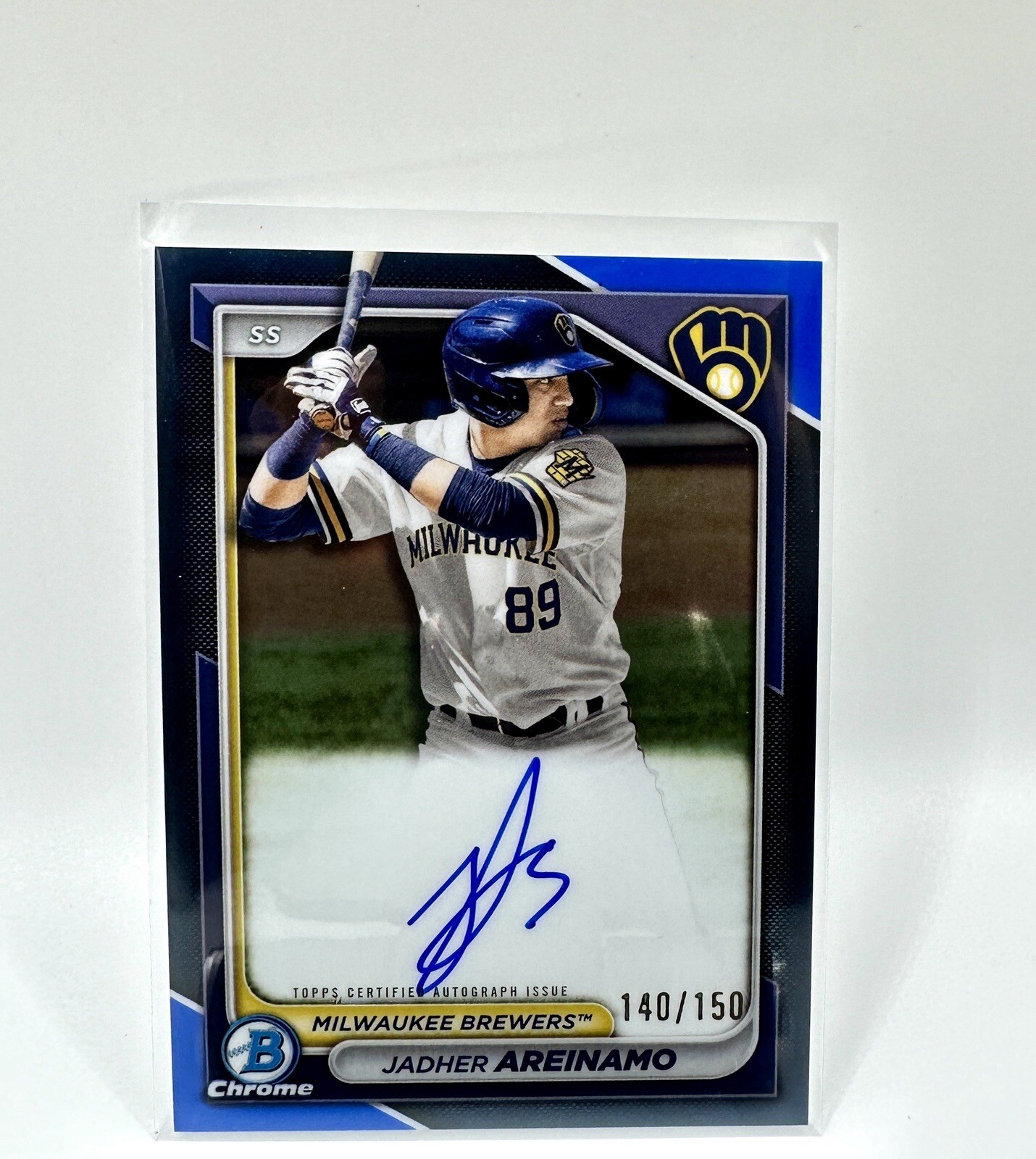 2024 Bowman Chrome Jadher Areinamo #CPA-JA Blue Refractor Auto /150 Brewers