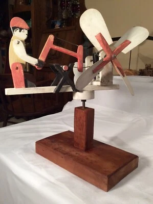 Vintage Folk Art Whirligig Wood/Metal Man Sawing Wood-Works-Reclaimed Wood Base - Image 1 of 4