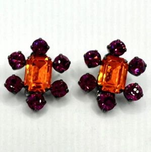 Vintage deutsche Clip Ohrringe Stikkelorum rosa & orange Strass Super Bling - Bild 1 von 7