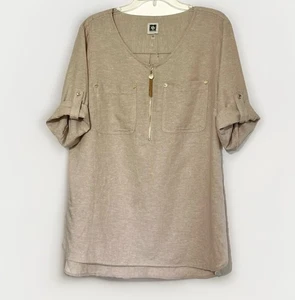 Anne Klein Tan Linen Blend Roll Tab Sleeve Top Size L Gold Zipper Pockets Loose - Picture 1 of 7