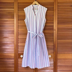 Vestido Loft Para Mujer Talla Grande Seersucker Midi Sin Mangas Botones Corbata Cintura Nuevo Con Etiquetas - Imagen 1 de 9