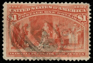 [vp65] USA 1893 Sc#241 used $1 salmon Columbus cv:$525 (little thin) - Picture 1 of 3