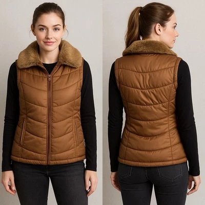 KC Collection Reversible Puffer Vest Faux Fur Collar Brown Size M Women's - Image 1 of 4