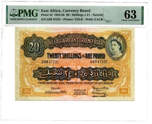 East Africa Currency Board 20 Shillings = 1 Pound 1.2.1956 Pick 35 PMG Ch Unc 63 - Picture 1 of 2