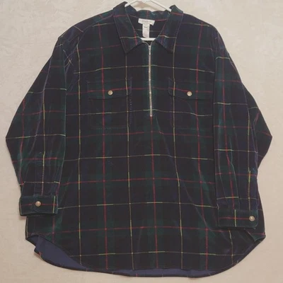 Jones New York Sport Flannel Shirt Mens 3X Green Navy Plaid Quarter Zip - Image 1 of 4