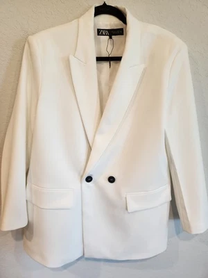 ZARA Women’s White Blazer Jacket Size L Double Breasted Black Button Long Sleeve - Image 1 of 4