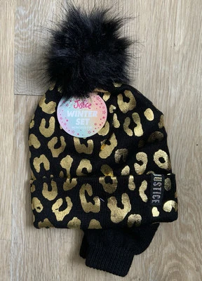 (NUEVO CON ETIQUETAS) Juego de sombrero y guantes Justice con estampado negro y lámina dorada Foto 1 de 4
