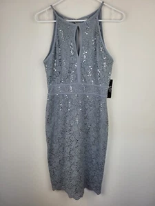 Sequin Party Dress 8 Gray Silver Platinum Lace Halter Keyhole Neck Stretch Sexy - Picture 1 of 11