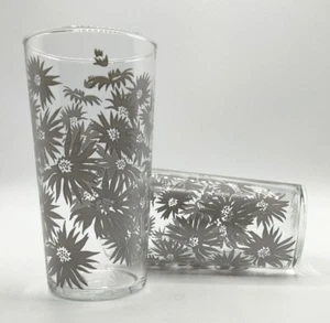 Vintage Libbey Gray Dahlia Floral 12oz  Drinking Glasses Tumblers Set of 2 - Picture 1 of 5