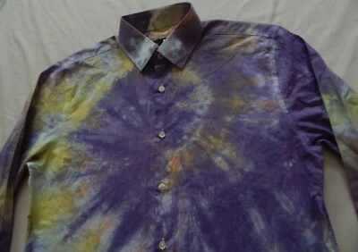 Camisa Tie Dye Púrpura Amarilla Manga Larga Con Botones - Mediana Delgada Para Hombre Hecha a Mano Foto 1 de 4