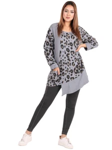 Made In Italy One Size 10 12 14 16 Grey Leopard Print Asymmetric Hem Tunic Top - Picture 1 of 4