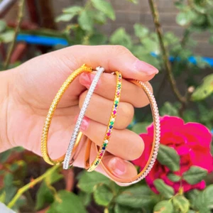 Luxury Fashion Round Open Cuff CZ Stack Thin Bangle Rose Gold Plated for Women - Bild 1 von 20