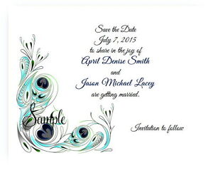 100 Personalized Custom Teal Peacock Bridal Wedding Save The Date Cards 