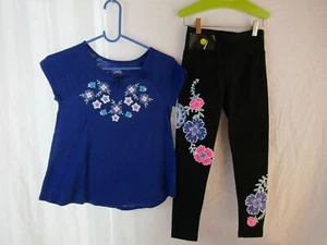 Justice 2 pc. Black w/ Blue & Pink Floral Design Shirt &Leggings 10 EUC DH2564 - Picture 1 of 7