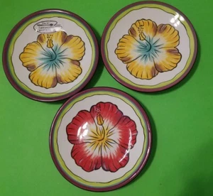 3 Clay Art Hibiscus 6.5" Red & Yellow W/ Green/Purple Trim Appetizer Plates - Picture 1 of 6