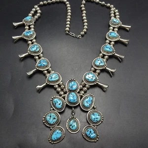 Lovely VINTAGE Sterling Silver BLUE KINGMAN TURQUOISE Squash Blossom NECKLACE - Picture 1 of 15