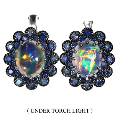 Orecchini in argento sterling 925 opale di fuoco ovale 9x7 mm zaffiro... - Immagine 1 di 4