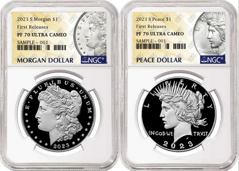 2 coin set 2023 s proof morgan peace silver dollars ngc pf70 uc fr      pre-sale Cover