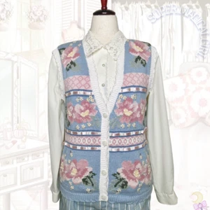 vintage 80s JANTZEN cottage rose granny ruffle trim sweater knit vest Size M - Picture 1 of 8