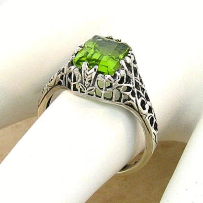 GENUINE 1.50 CARAT PERIDOT 925 STERLING SILVER ANTIQUE STYLE FILIGREE RING  746Z - Image 1 of 4