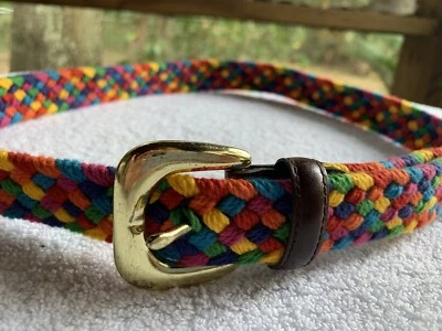 VTG Belt Unisex Medium 32 Rainbow Multicolor Woven Macrame Leather Trim Brass - Image 1 of 4