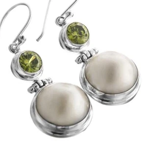 White Mabe Cultured Pearl Simulated Peridot 925 Sterling Silver Earrings, 1" - Picture 1 of 3